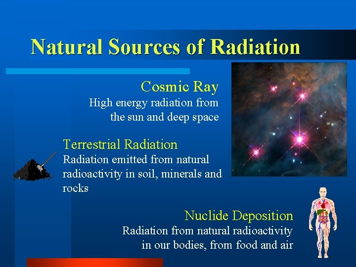 Natural Sources of Radiation Cosmic Ray High energy radiation from the sun and deep