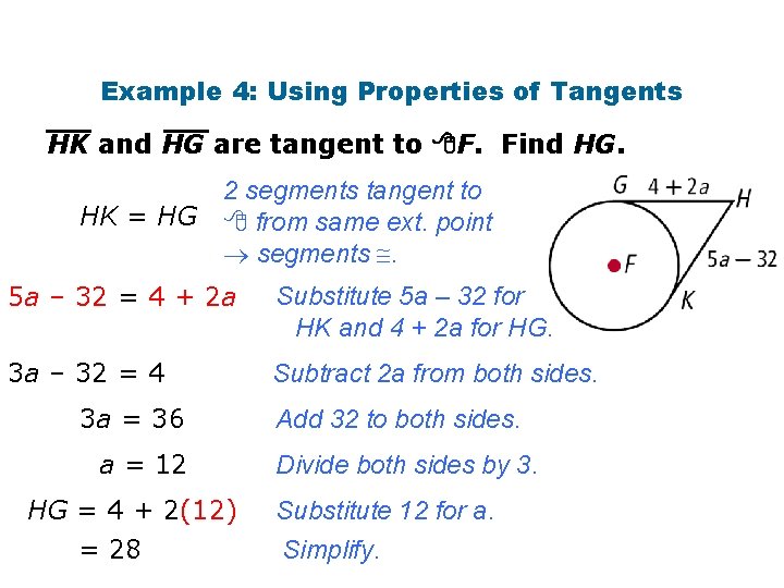 Example 4: Using Properties of Tangents HK and HG are tangent to F. Find