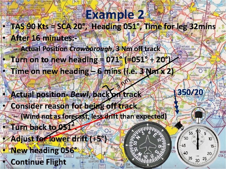 Example 2 • TAS 90 Kts = SCA 20°, Heading 051°, Time for leg