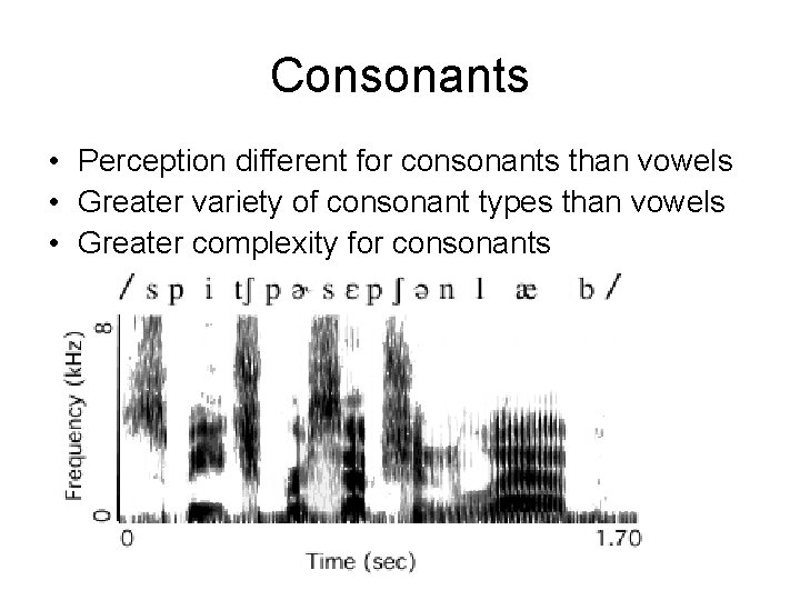 Consonants • Perception different for consonants than vowels • Greater variety of consonant types