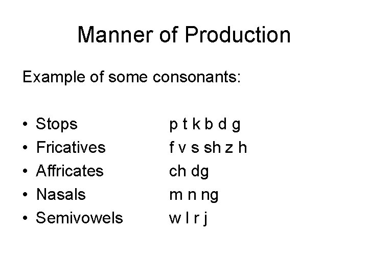 Manner of Production Example of some consonants: • • • Stops Fricatives Affricates Nasals