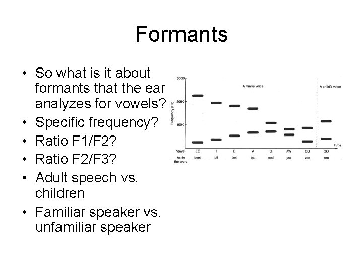 Formants • So what is it about formants that the ear analyzes for vowels?