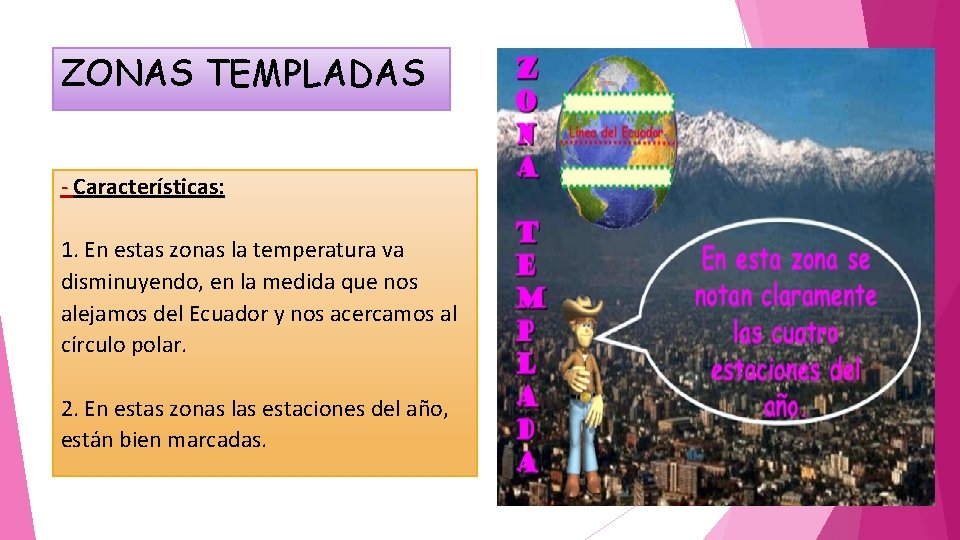 ZONAS TEMPLADAS - Características: 1. En estas zonas la temperatura va disminuyendo, en la