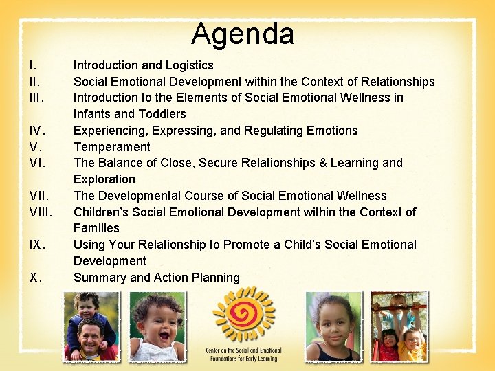 Agenda I. III. IV. V. VIII. IX. X. Introduction and Logistics Social Emotional Development