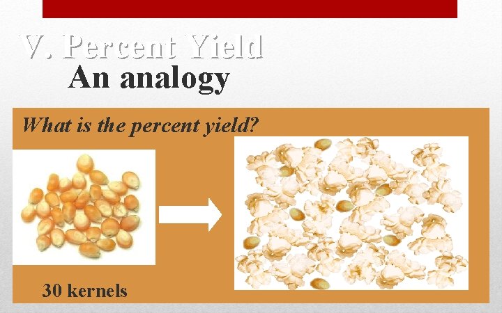 V. Percent Yield An analogy What is the percent yield? 30 kernels V. Percent Yield An analogy What is the percent yield? 30 kernels
