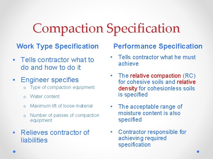 Compaction Specification Work Type Specification • Tells contractor what to do and how to