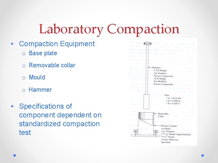 Laboratory Compaction • Compaction Equipment o Base plate o Removable collar o Mould o