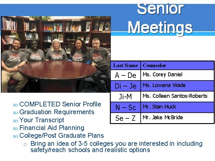 Senior Meetings Last Name Counselor COMPLETED A – De Di – Je Ji-M Ms.