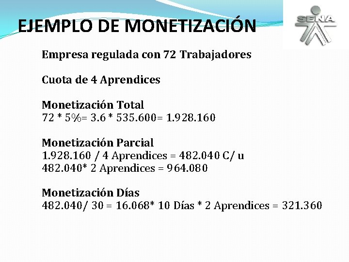 EJEMPLO DE MONETIZACIÓN Empresa regulada con 72 Trabajadores Cuota de 4 Aprendices Monetización Total