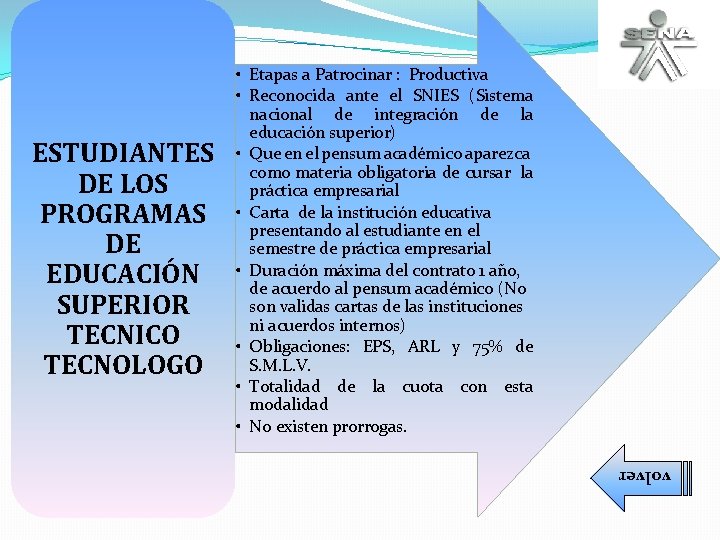 volver ESTUDIANTES DE LOS PROGRAMAS DE EDUCACIÓN SUPERIOR TECNICO TECNOLOGO • Etapas a Patrocinar