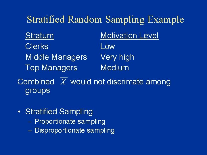 Stratified Random Sampling Example Stratum Clerks Middle Managers Top Managers Motivation Level Low Very