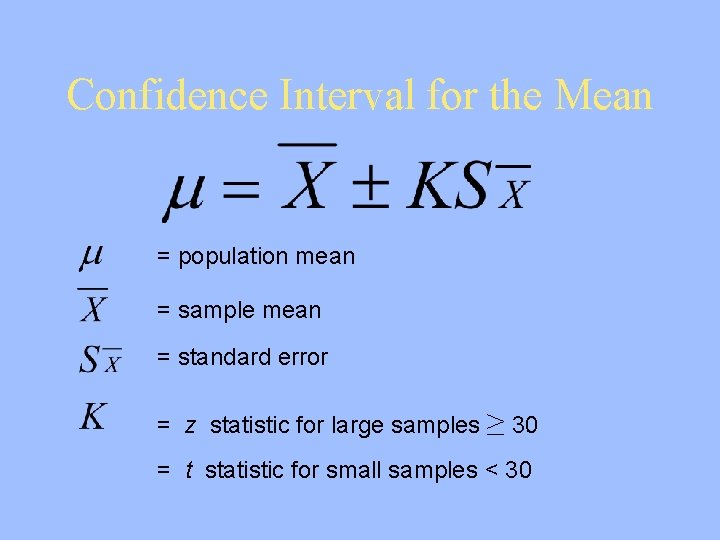 Confidence Interval for the Mean = population mean = sample mean = standard error