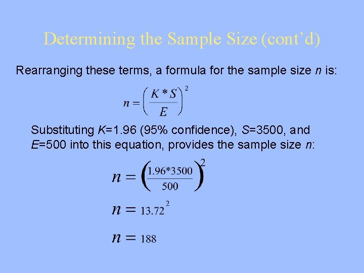 Determining the Sample Size (cont’d) Rearranging these terms, a formula for the sample size