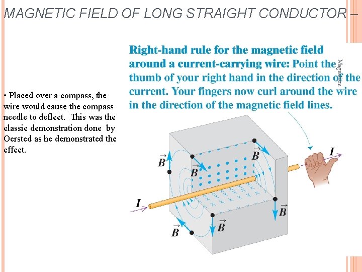 MAGNETIC FIELD OF LONG STRAIGHT CONDUCTOR – Magnetism • Placed over a compass, the