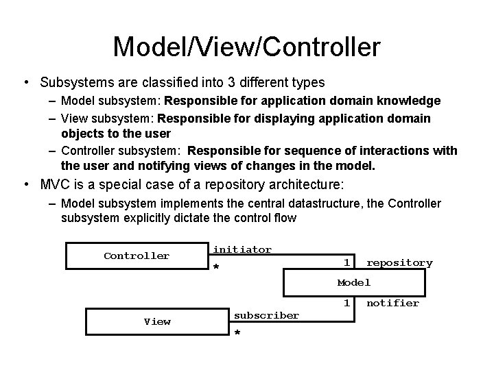 Model/View/Controller • Subsystems are classified into 3 different types – Model subsystem: Responsible for