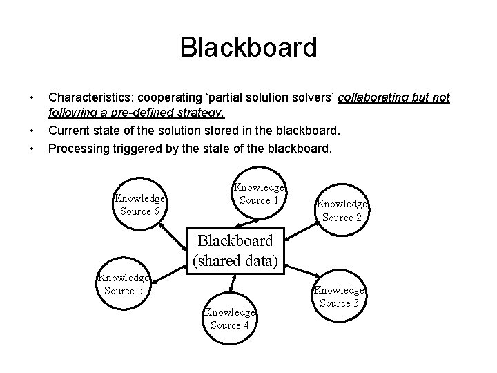 Blackboard • • • Characteristics: cooperating ‘partial solution solvers’ collaborating but not following a