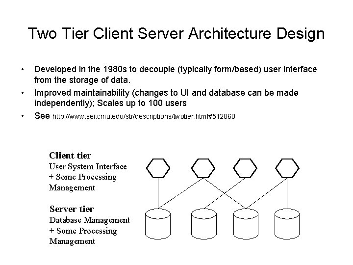 Two Tier Client Server Architecture Design • • • Developed in the 1980 s
