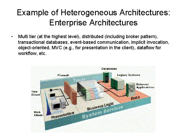 Example of Heterogeneous Architectures: Enterprise Architectures • Multi tier (at the highest level), distributed