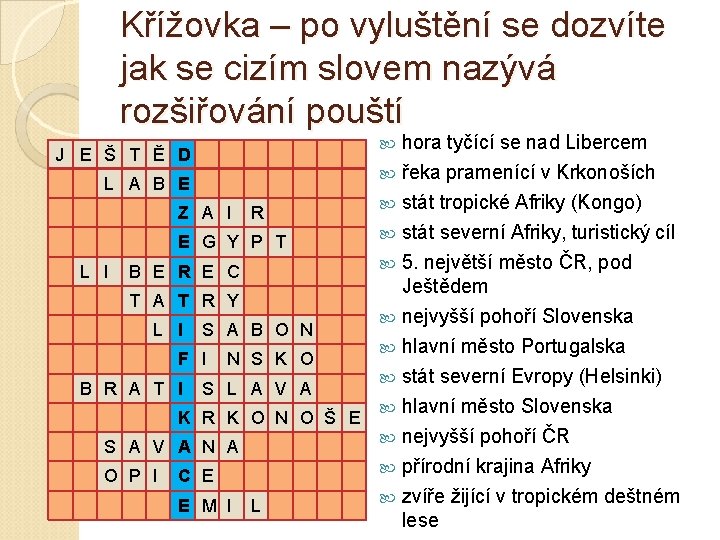 Křížovka – po vyluštění se dozvíte jak se cizím slovem nazývá rozšiřování pouští hora