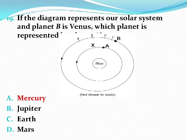 19. If the diagram represents our solar system and planet B is Venus, which