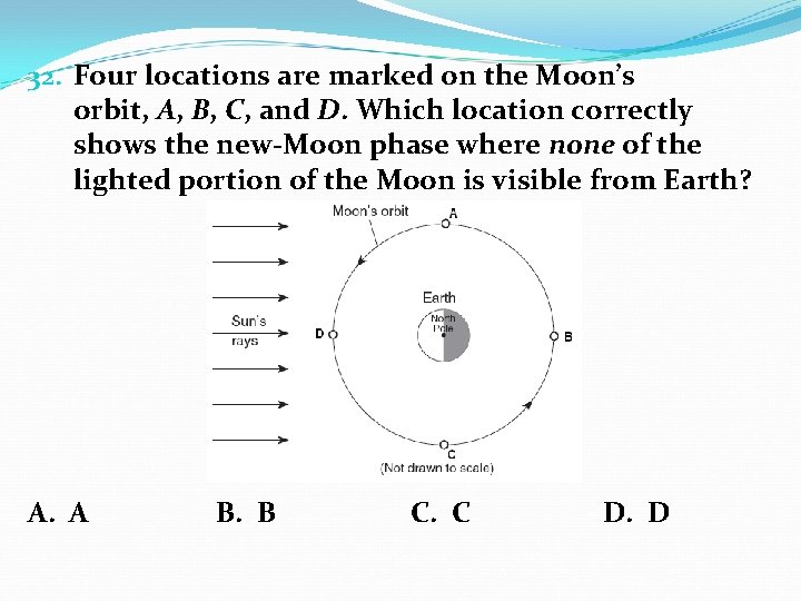 32. Four locations are marked on the Moon’s orbit, A, B, C, and D.