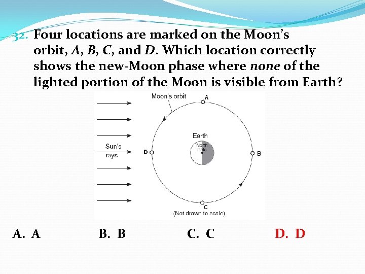 32. Four locations are marked on the Moon’s orbit, A, B, C, and D.