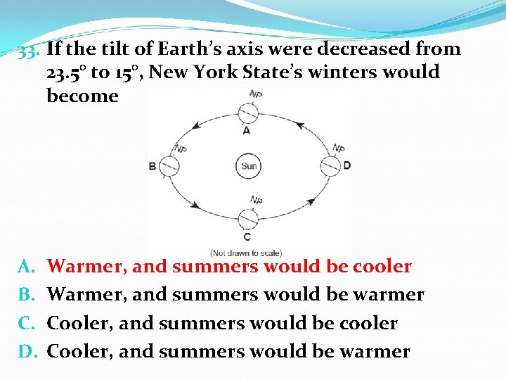 33. If the tilt of Earth’s axis were decreased from 23. 5° to 15°,