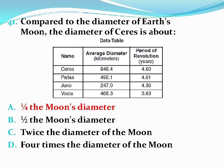 41. Compared to the diameter of Earth’s Moon, the diameter of Ceres is about: