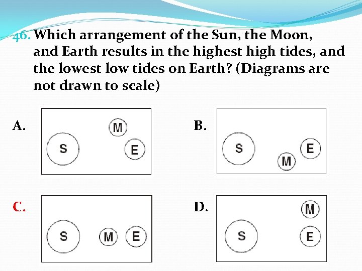 46. Which arrangement of the Sun, the Moon, and Earth results in the highest