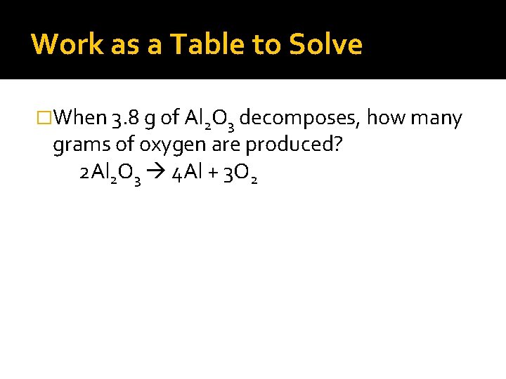 Work as a Table to Solve �When 3. 8 g of Al 2 O