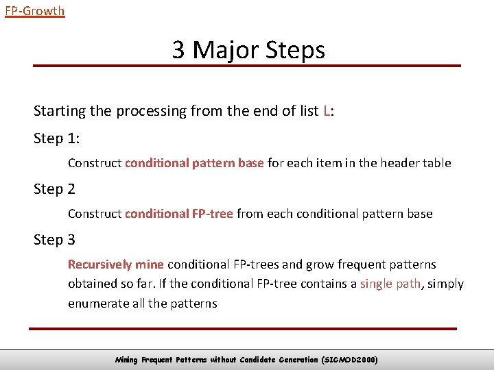 FP-Growth 3 Major Steps Starting the processing from the end of list L: Step