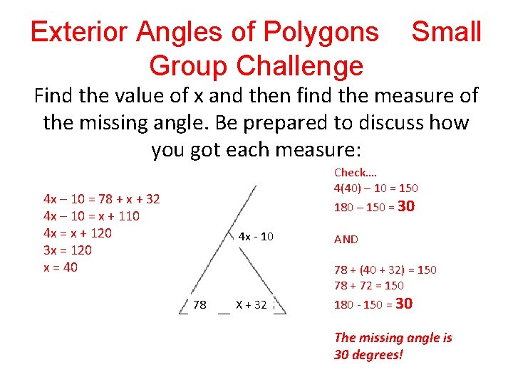 Exterior Angles of Polygons Group Challenge Small Find the value of x and then Exterior Angles of Polygons Group Challenge Small Find the value of x and then