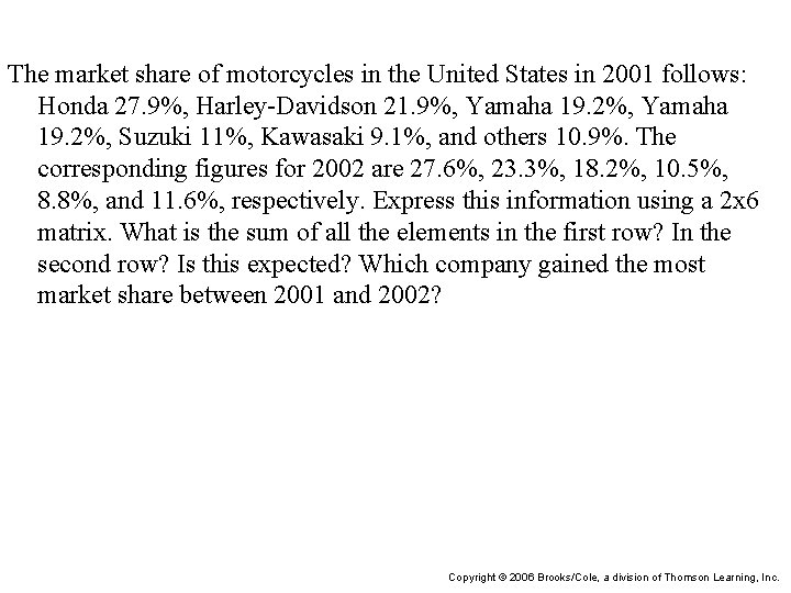 The market share of motorcycles in the United States in 2001 follows: Honda 27.