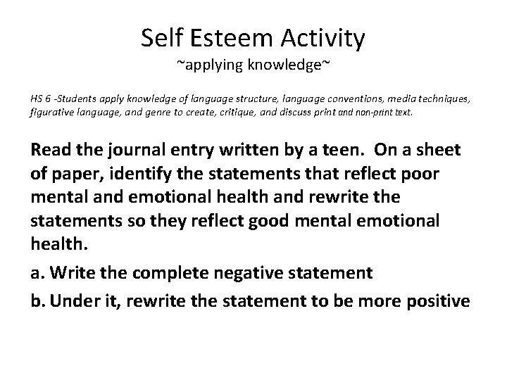 Self Esteem Activity ~applying knowledge~ HS 6 -Students apply knowledge of language structure, language