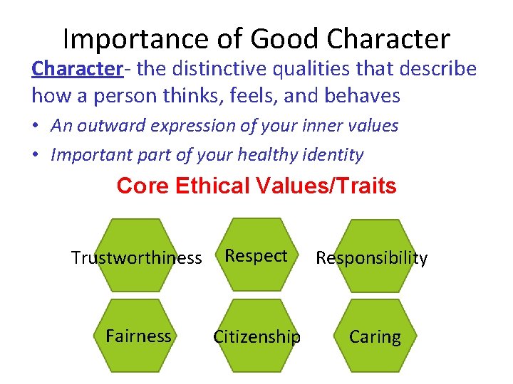 Importance of Good Character- the distinctive qualities that describe how a person thinks, feels,