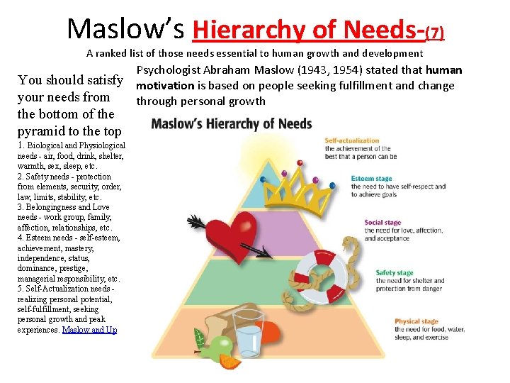 Maslow’s Hierarchy of Needs-(7) A ranked list of those needs essential to human growth