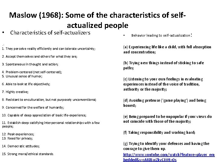 Maslow (1968): Some of the characteristics of selfactualized people • Characteristics of self-actualizers. :