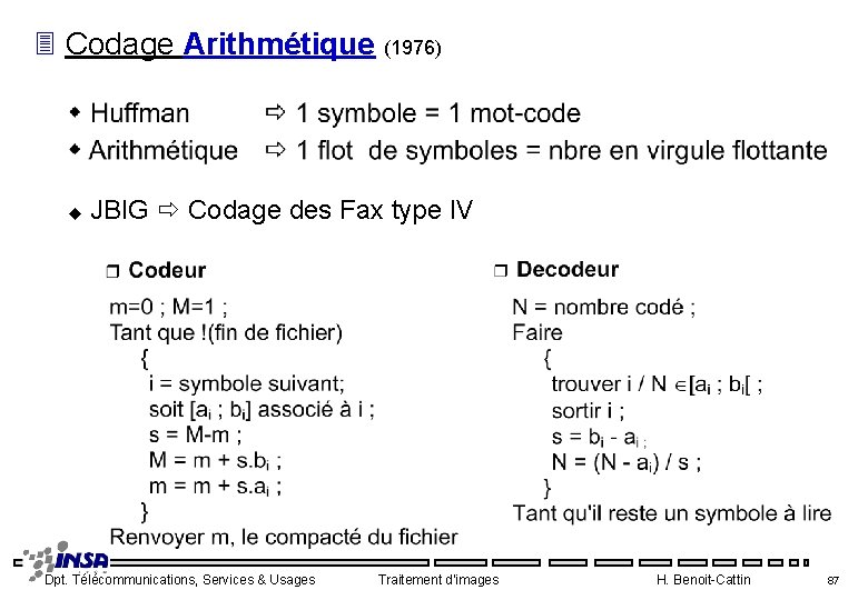 3 Codage Arithmétique (1976) u JBIG Codage des Fax type IV Dpt. Télécommunications, Services