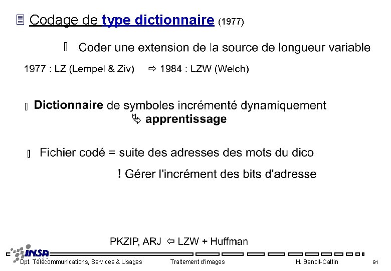 3 Codage de type dictionnaire (1977) Dpt. Télécommunications, Services & Usages Traitement d'images H.