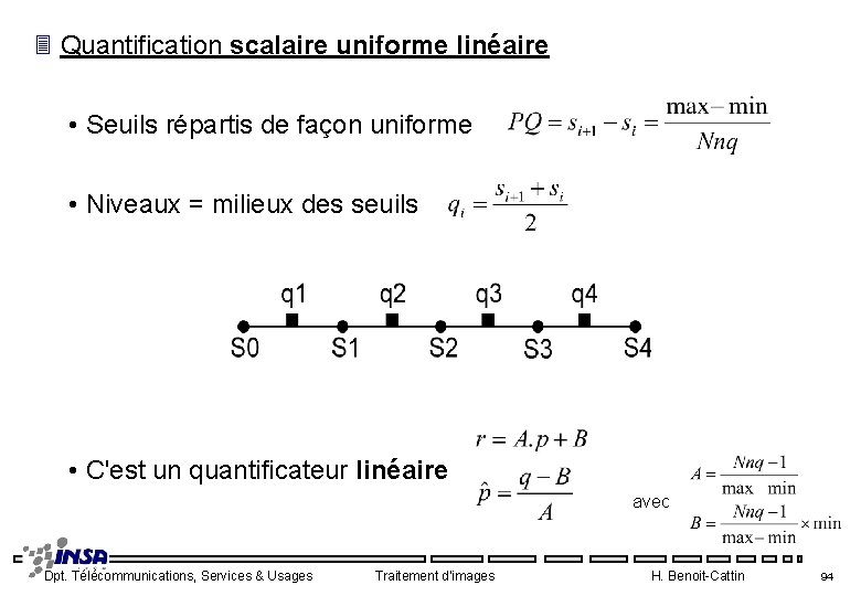 3 Quantification scalaire uniforme linéaire • Seuils répartis de façon uniforme • Niveaux =