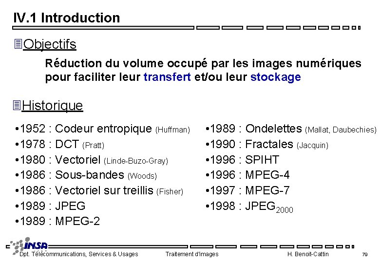 IV. 1 Introduction 3 Objectifs Réduction du volume occupé par les images numériques pour