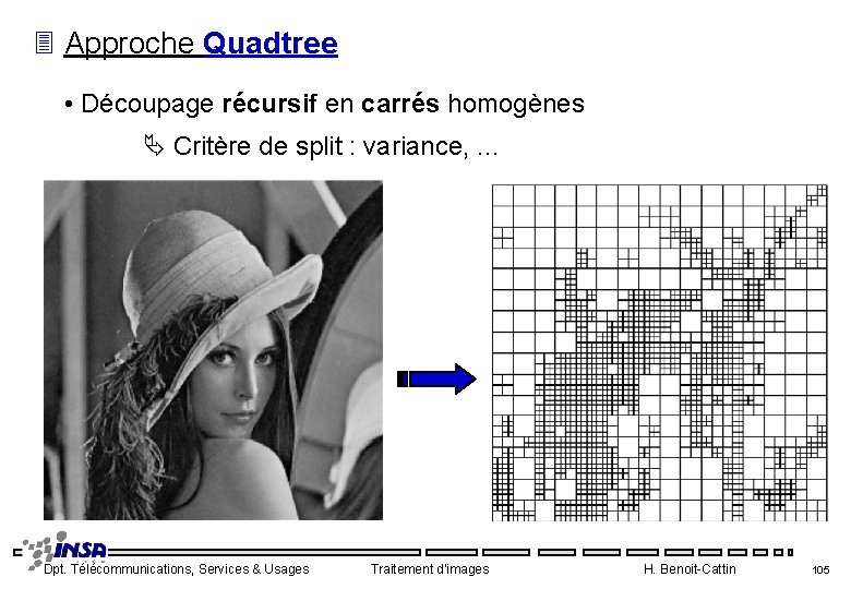 3 Approche Quadtree • Découpage récursif en carrés homogènes Critère de split : variance,