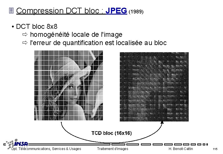 3 Compression DCT bloc : JPEG (1989) • DCT bloc 8 x 8 homogénéité