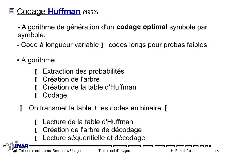 3 Codage Huffman (1952) • Algorithme Dpt. Télécommunications, Services & Usages Traitement d'images H.