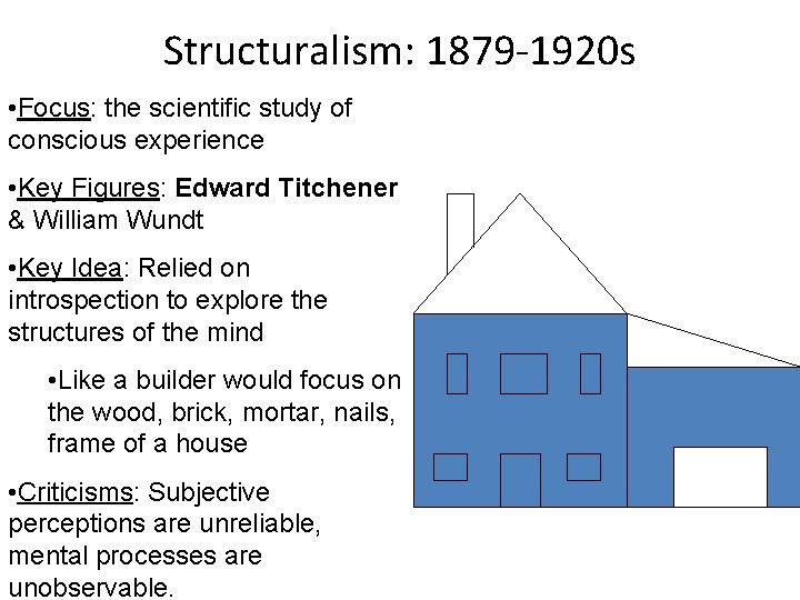 Structuralism: 1879 -1920 s • Focus: the scientific study of conscious experience • Key