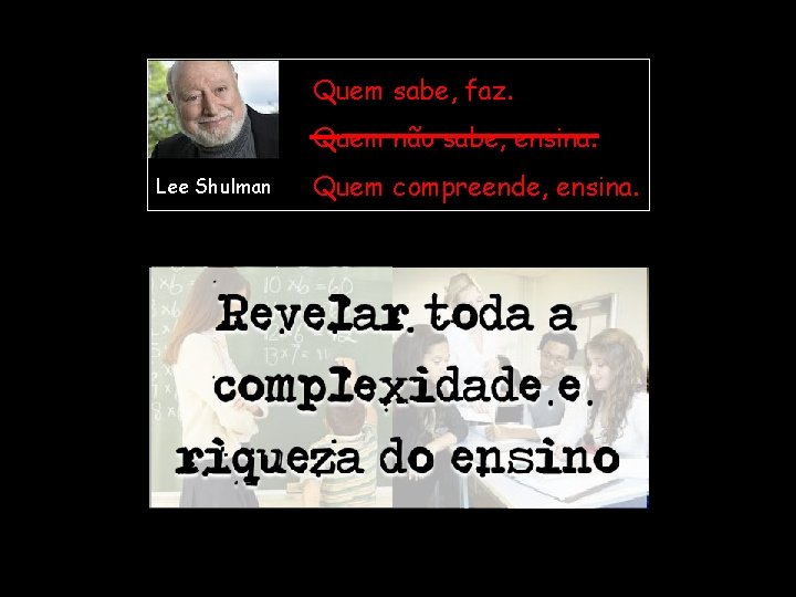 Quem sabe, faz. Quem não sabe, ensina. Lee Shulman Quem compreende, ensina. 