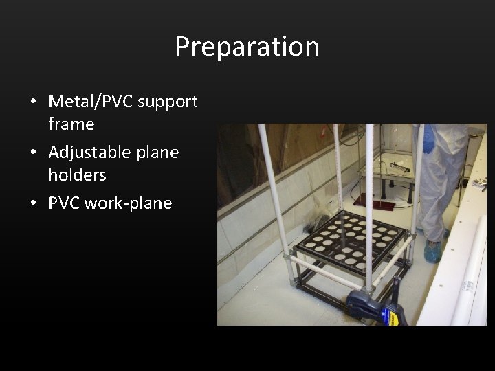 Preparation • Metal/PVC support frame • Adjustable plane holders • PVC work-plane 