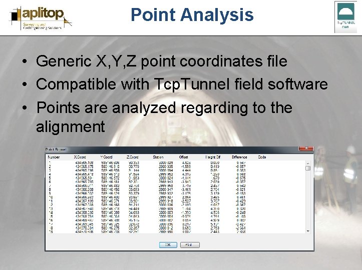 Point Analysis • Generic X, Y, Z point coordinates file • Compatible with Tcp.