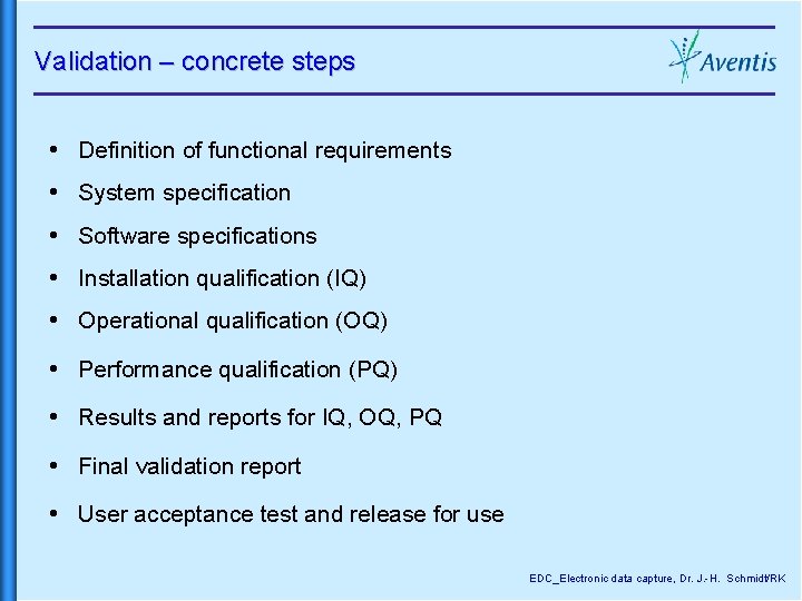 Validation – concrete steps Definition of functional requirements System specification Software specifications Installation qualification