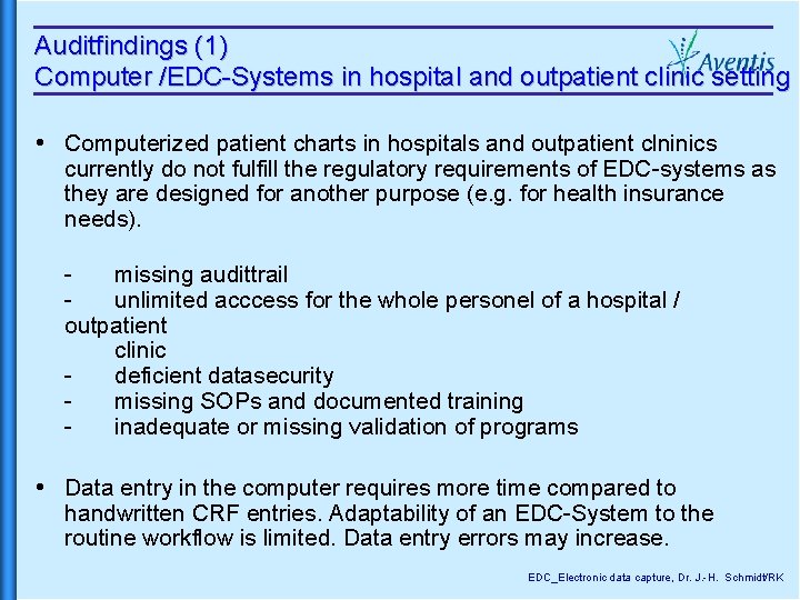 Auditfindings (1) Computer /EDC-Systems in hospital and outpatient clinic setting Computerized patient charts in